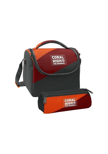Coral High Erkek Çocuk Turuncu Bordo Gri Renkli Thermo Beslenme Çantası Ve Üç Bölmeli Kalem Çantası Seti Turuncu - Bordo
