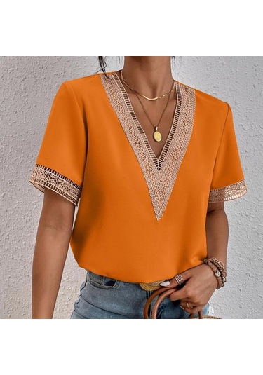 Kadın Modası Rahat Yaz Bahar Düz Renk Baskı Dantel Kısa Kollu V Yaka Bluzlar Ve Gömlekler Turuncu