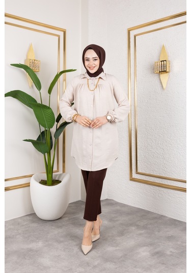 Önü Büzgülü Bilek Lastikli Tunik - Bej / Ü104 Bej