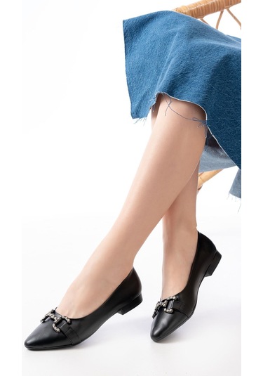 Aska Shoes İnf-133 Taşlı Tokalı Günlük Kadın Babet Siyah