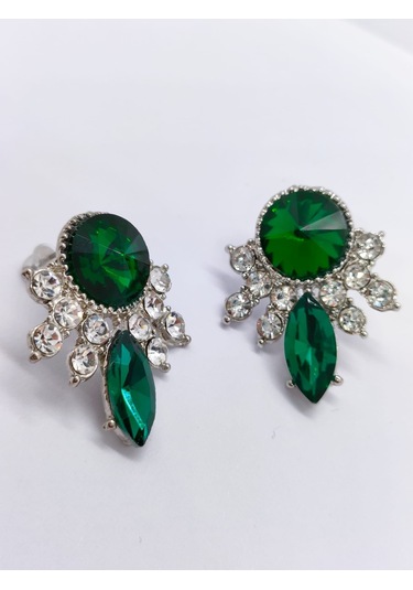 Sapphire Store Gümüş Renk Yeşil Taşlı Kolye Küpe Seti Gümüş