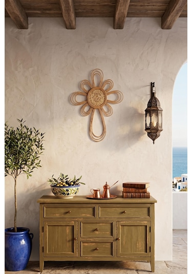 Doğal Rattan Güneş Duvar Dekoru - Bohem Çiçek Model Hasır Duvar Aksesuarı 55x77 Cm Krem
