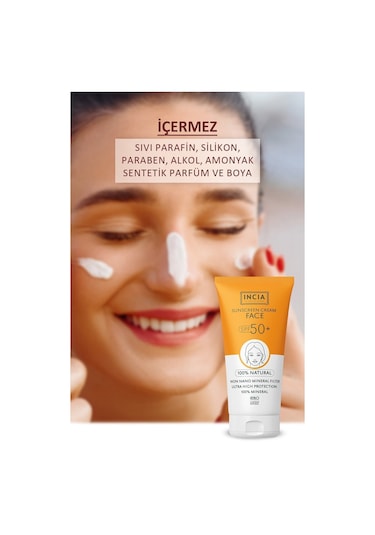INCIA %100 Doğal Yüz Güneş Kremi Leke Karşıtı Mineral Filtreli Yüksek Koruma SPF 50+ UVA UVB 50 ML
