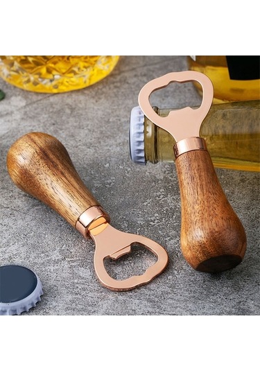 Moly Ahşap Saplı Gümüş Paslanmaz Çelik Bira Şişe Açacağı, Özel Logo, 10x3,5 Cm Gümüş