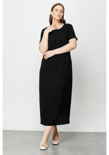 Moda İlgi Kadın Büyük Beden Kısa Kollu Uzun Elbise 8002 Siyah Siyah