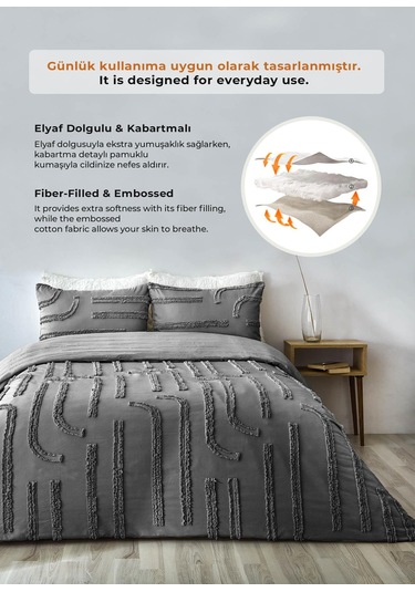 Pamuklu Sasha Kabartmalı Yatak Örtüsü Takımı Günlük Çift Kişilik Boho 3 Parça Elyaf Dolgulu Antrasit
