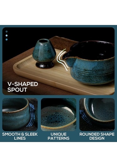 Fortunelane Yüksek Sıcaklık Isıya Dayanıklı Seramik Maccha Kase Seti Mavi