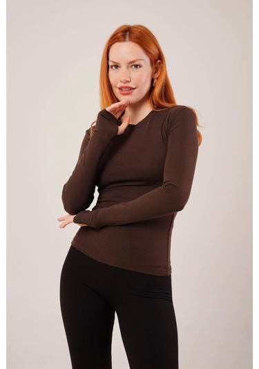 Uzun Kollu Basic Kahverengi Bluz Kahverengi