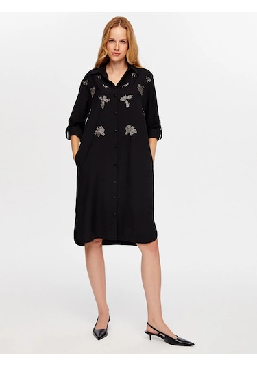 Faik Sönmez Boncuk İşi Nakışlı Uzun Kollu Kadın Gömlek Elbise Uw26elb014 Siyah
