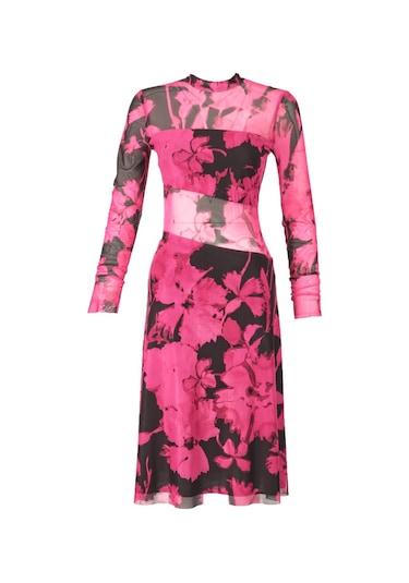 Explosion Uzun Kol Midi Şeffaf Elbise - Çiçek Desenli - Bohemian Stil Fuşya