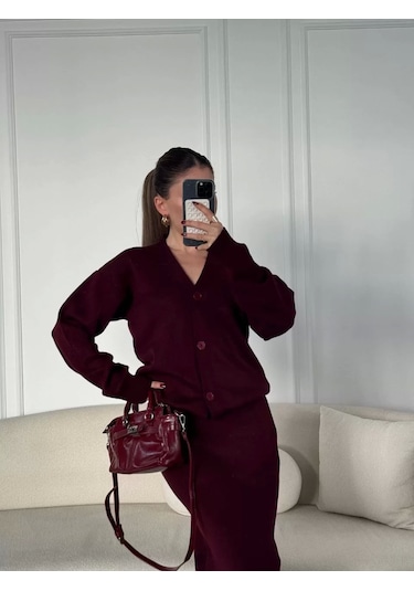 V Yaka 3 Düğmeli Hırka Takım Triko İkili Etekli - Bordo Bordo