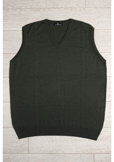 V Yaka Battal Büyük Boy Yünlü Kolsuz Triko Süveter Yeşil