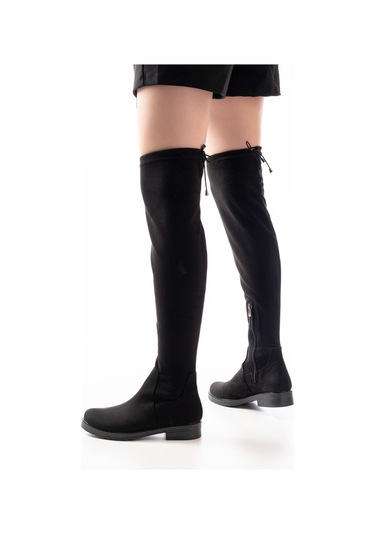 165-streç Siyah Süet Diz Üstü Fermuarlı Günlük Kadın Çizme Siyah