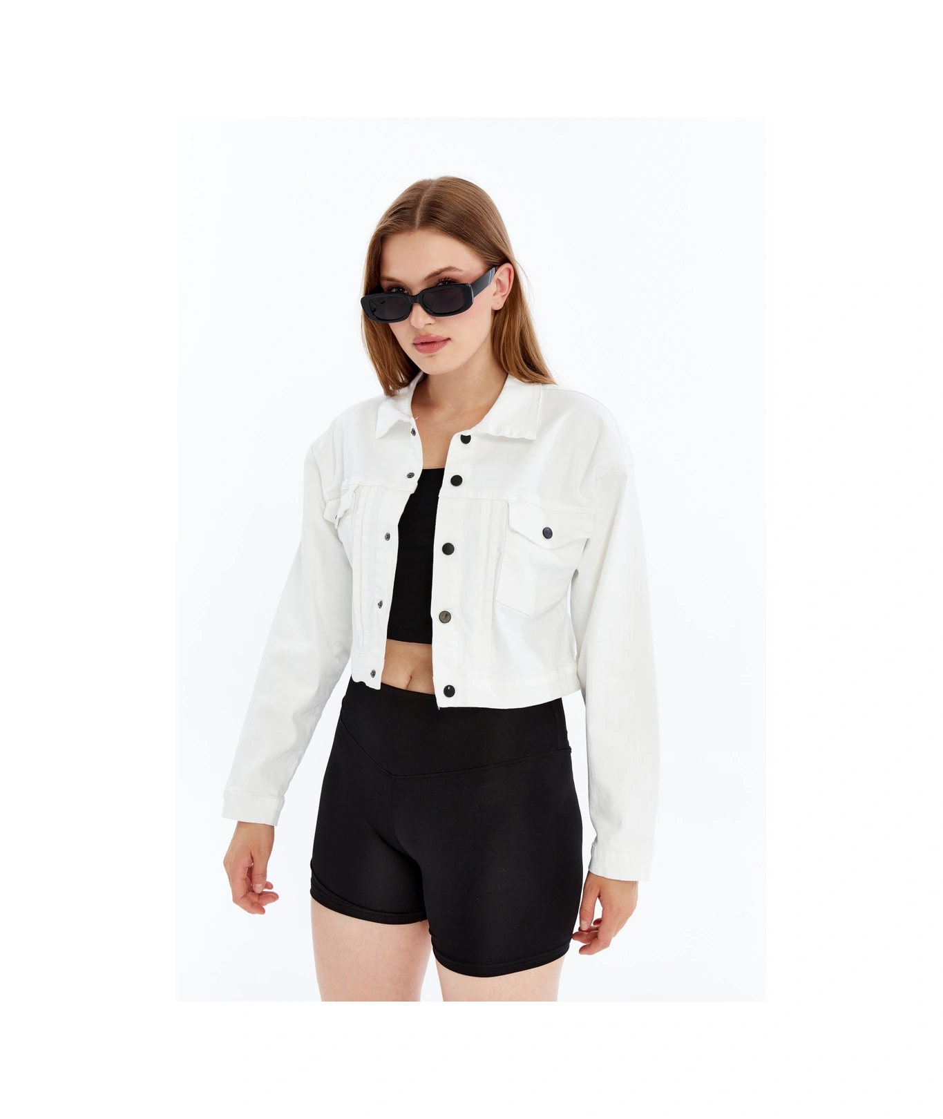 Kadın Bomber Gabardin Ceket Çıt Çıt Düğmeli Kolej Kot Ceket Cepli Renkli Kolay Kombinlenebilen Ceket Beyaz