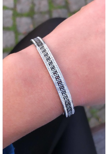 Zirkon Taşlı Desenli Gümüş Renk Çelik Kelepçe