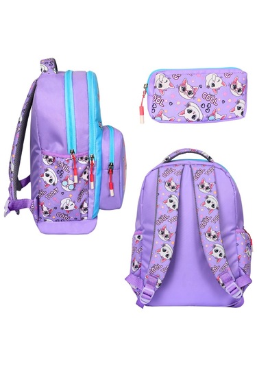 İlkokul Kedi Baskılı Lila, 3 Lü Kız Çocuk Beslenmeli Ve Kalemlikl