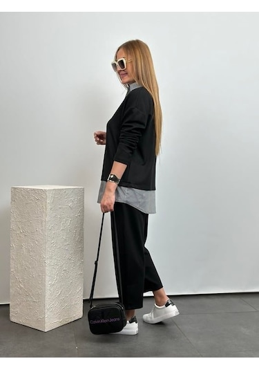 Sensuelle Polo Yaka Gömlek Detay Salaş Balon Pantolunlu Ikılı Takım Siyah