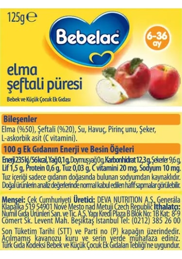 Bebelac Elma Şeftali Püreli 6-36 Ay Kavanoz Maması 125 G