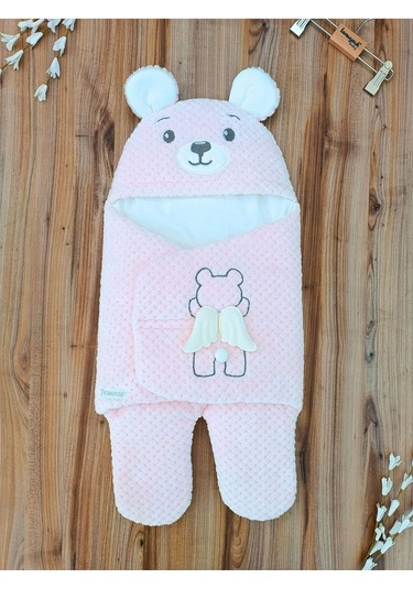 Kışlık Bebebk Battaniyesi Ayaklı Dış Kundak Yumuşak Dokulu Sevimli Ayıcık Nakış Arya Kumaş Pamuklu Pembe