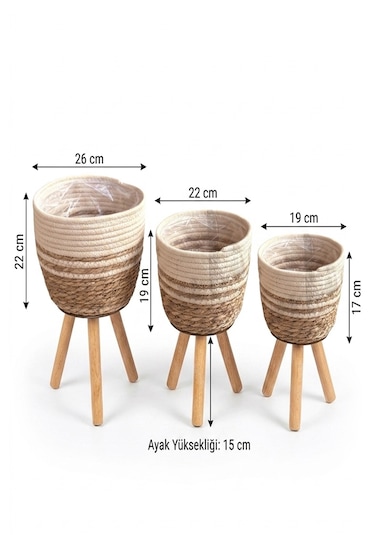 Ahşap Ayaklı Hasır Saksı Sepeti 3'lü Set Dekoratif Çiçeklik Krem