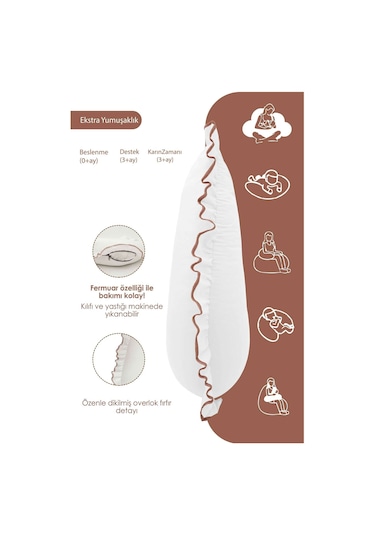 Mordesign Fırfırlı Emzirme Yastığı, Bebek Destek Minderi, Hamile Yastığı, Pamuk Kumaş, Ruffle Seri, Beyaz Zg10197