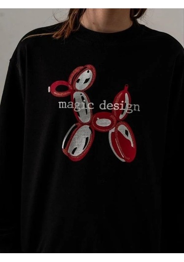 Kız Çocuk İki İplik Magic Baskılı Tasarım Sweatshirt-14215 Siyah