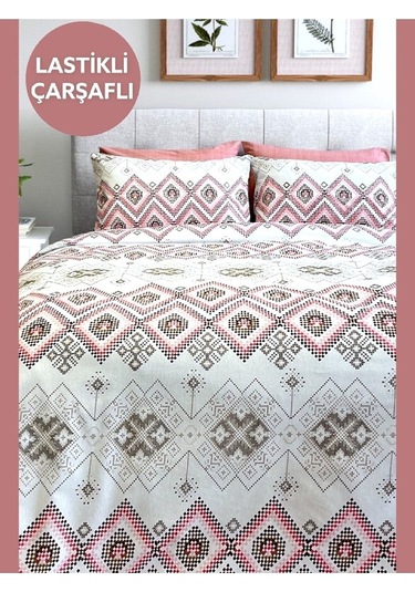 Tek Kişilik Ranforce Nevresim Takımı Lastikli Çarşaflı Bohemıan Pudra