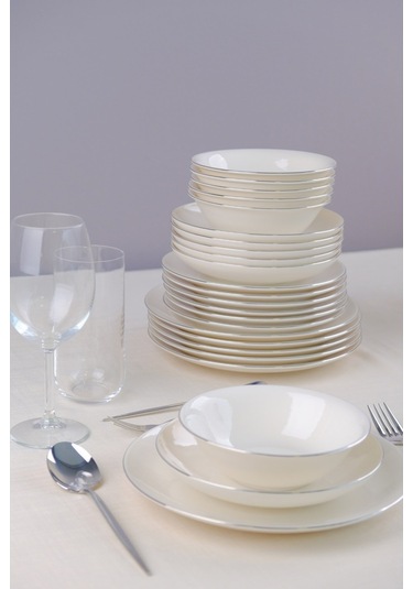 Tabak Evi Chic Platin Porselen Yemek Takımı 24 Parça 6 Kişilik Beyaz - Gümüş