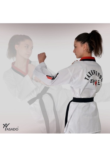Haşado Şeritli Pum Yaka Fitilli Taekwondo Elbisesi Kırmızı-siyah Yaka Beyaz