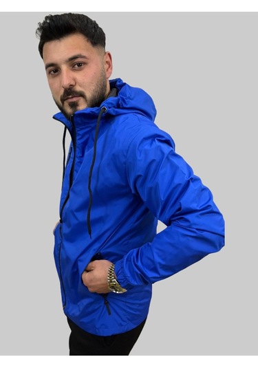 Erkek Kapüşonlu File Detaylı Saks Mavisi Yağmurluk Saks Mavisi Saks