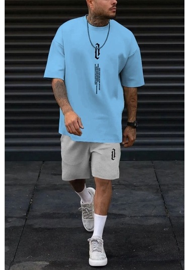 Dikey T-shirt Şort - Bebe Mavi Gri Alt Üst Kombin Şort Tişört Takım Baskılı Oversize Bisiklet Yaka Bebe Mavi Gri