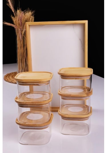 Duo 400ml 6'lı Bambu Beyaz Mermer Desen Tepsili Bambu Vakumlu Kapaklı Cam Kahvaltılık Bambu