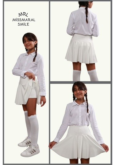 Kız Çocuk Okul Etek Beyaz /ekru Yüksek Bel Içi Şortlu Okul-oyun-spor-23 Nisan Etkinlik Eteği Beyaz