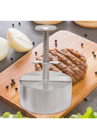 Yaylı Düğmeli Ayarlanabilir Burger Presi Hamburger Köfte Makinesi, Paslanmaz Çelik Yapışmaz Dolgulu Hamburger Presi Makinesi 10 Cm