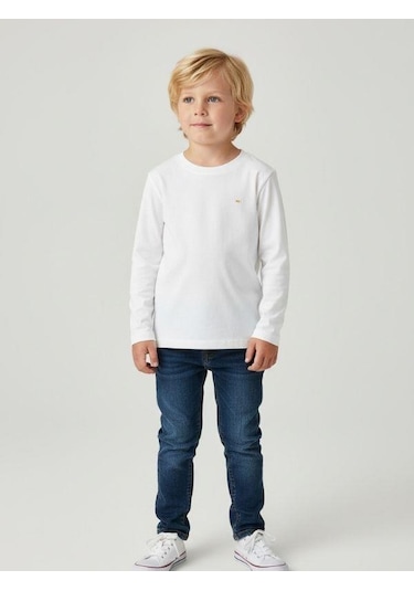 Zekids Erkek Çocuk Pamuklu Bisiklet Yaka Uzun Kollu Basic T-shirt-16775 Ekru