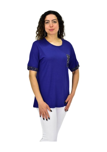 Caftan Kadın Kısa Kol Taşlı Bluz Bgl-st04709 Lacıvert