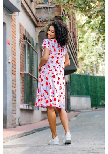 Dökümlü Rahat Kalıp Günlük Penye Kumaş Elbise-mercan Mercan