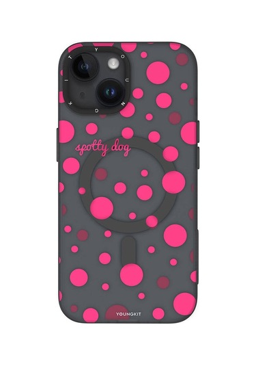 iPhone 14 Uyumlu Kılıf Magsafe Şarj Özellikli Polka Dot Desenli Youngkit Spots Serisi Kapak Pembe