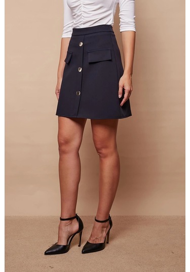 Kadın Diz Üstü Yüksek Bel Önü Düğmeli Cep Kapaklı Hafif Likralı Kumaş Çan Etek-lacivert Lacivert