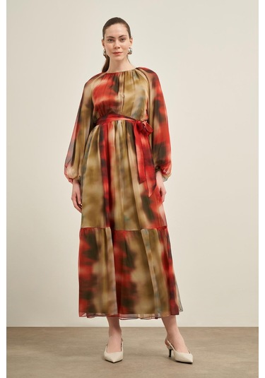 Ftz İpek Şifon Elbise Nar 31028 Nar