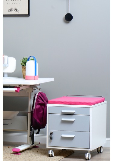 Creo Mobili Çekmeceli Kilitli Tekerlekli Vega Keson, Oturulabilir Ofis Ve Ev Komodini, Beyaz/fuşya