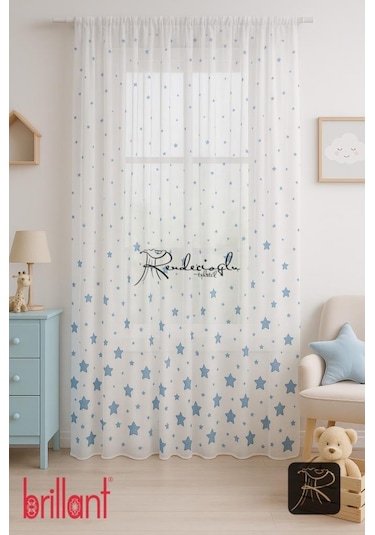 Brillant Marka Yıldız Desenli Tül Perde Örme Kumaş, Çocuk Odası İçin Özel Tasarım Mavi Mavi
