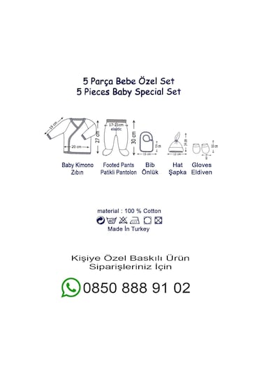 %100 Pamuk Baskılı 5 Li Isimli Organik Bebek Hastane Çıkışı Beyaz