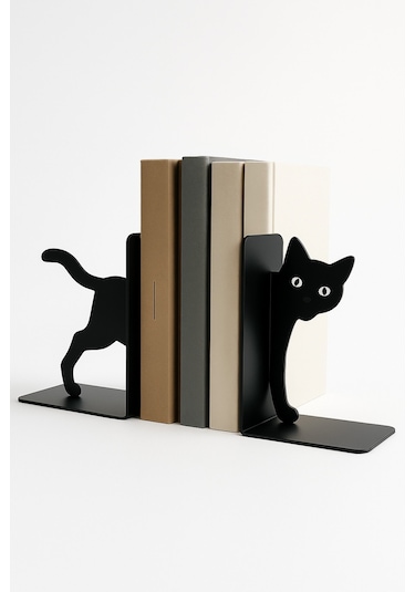 Sevimli Gözlü Kedi Figürlü Metal Kitap Tutucu 2 Li Set Dekoratif Kitaplık Ve Masa Üstü Aksesuarı