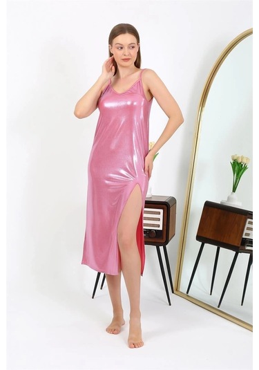 Giyim Kadın İp Askılı Uzun Parlak Micro Elbise Gecelik Pembe Pembe