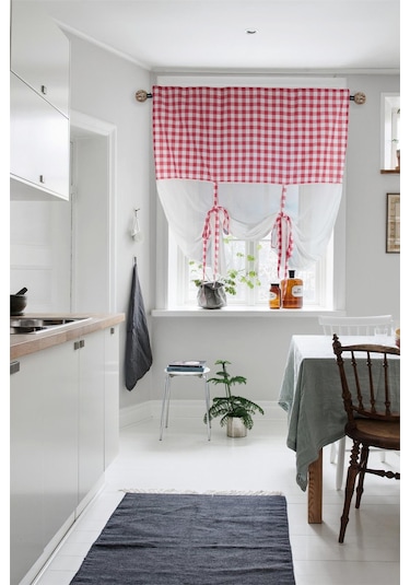 Naturel Potlu Ekose Tül Perde Retro Kırmızı