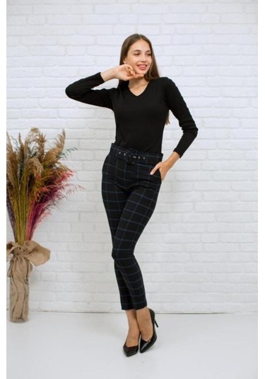 Bluence Beli Kemerli Siyah Kareli Dar Paça Pantolon Çok Renkli Siyah