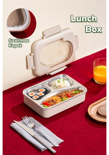 Porsima 3110 Paslanmaz Çelik 3 Bölmeli Vakumlu Yemek Termosu Beslenme Kutusu Taşınabilir Lunch Box Sefer Tası - Krem