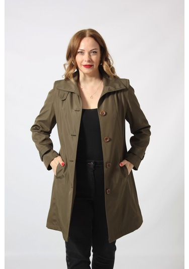 1671 Kolu Düğme Detaylı Uzun Kapişonlu Haki Büyük Beden Kadın Ceket Haki