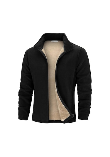 Ghassy Co. Erkek Ultra Isı Peluş Astarlı Cepli Tam Fermuarlı Polar Ceket Siyah